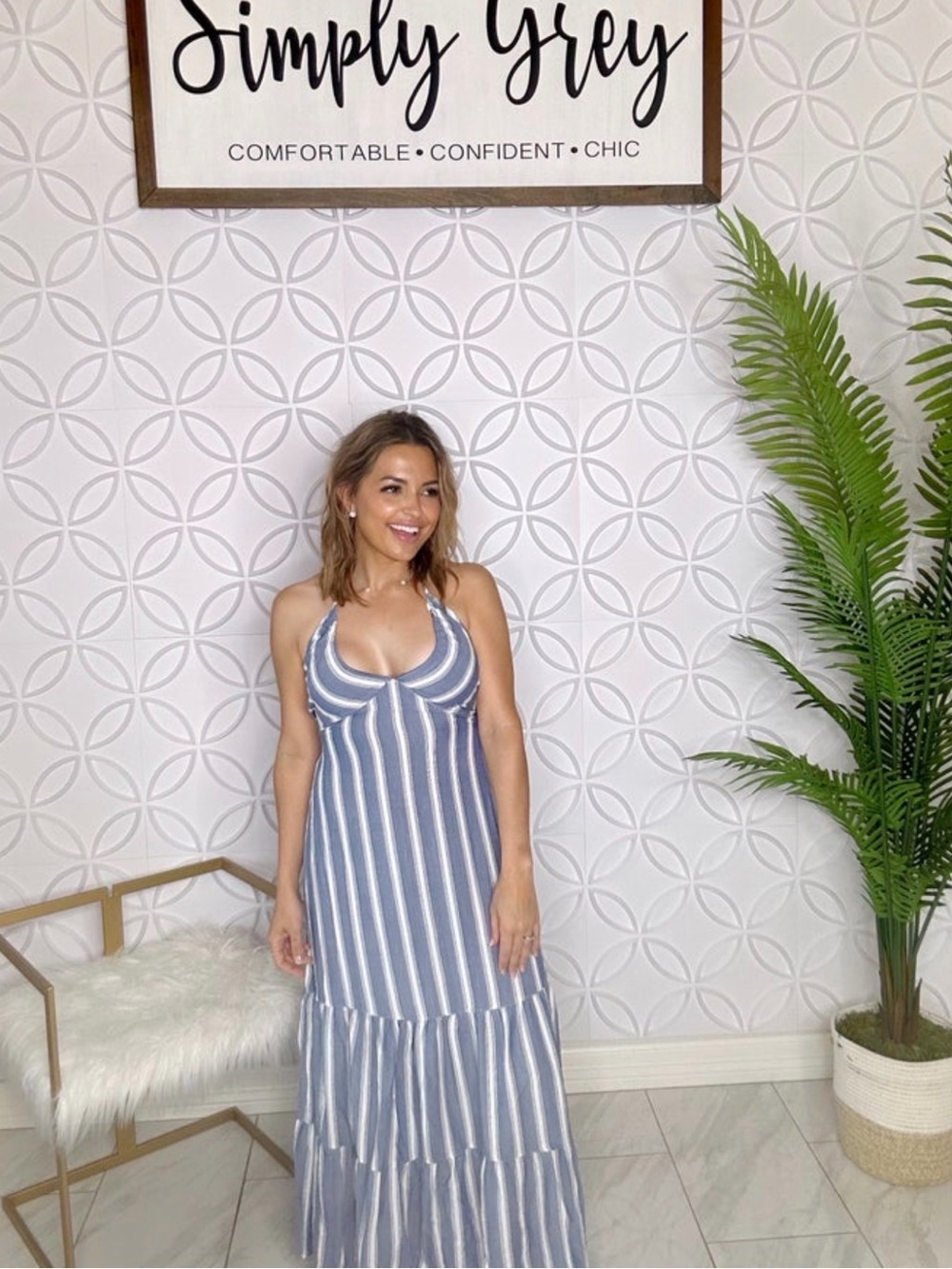 Angie Blue and White Striped Maxi Dress